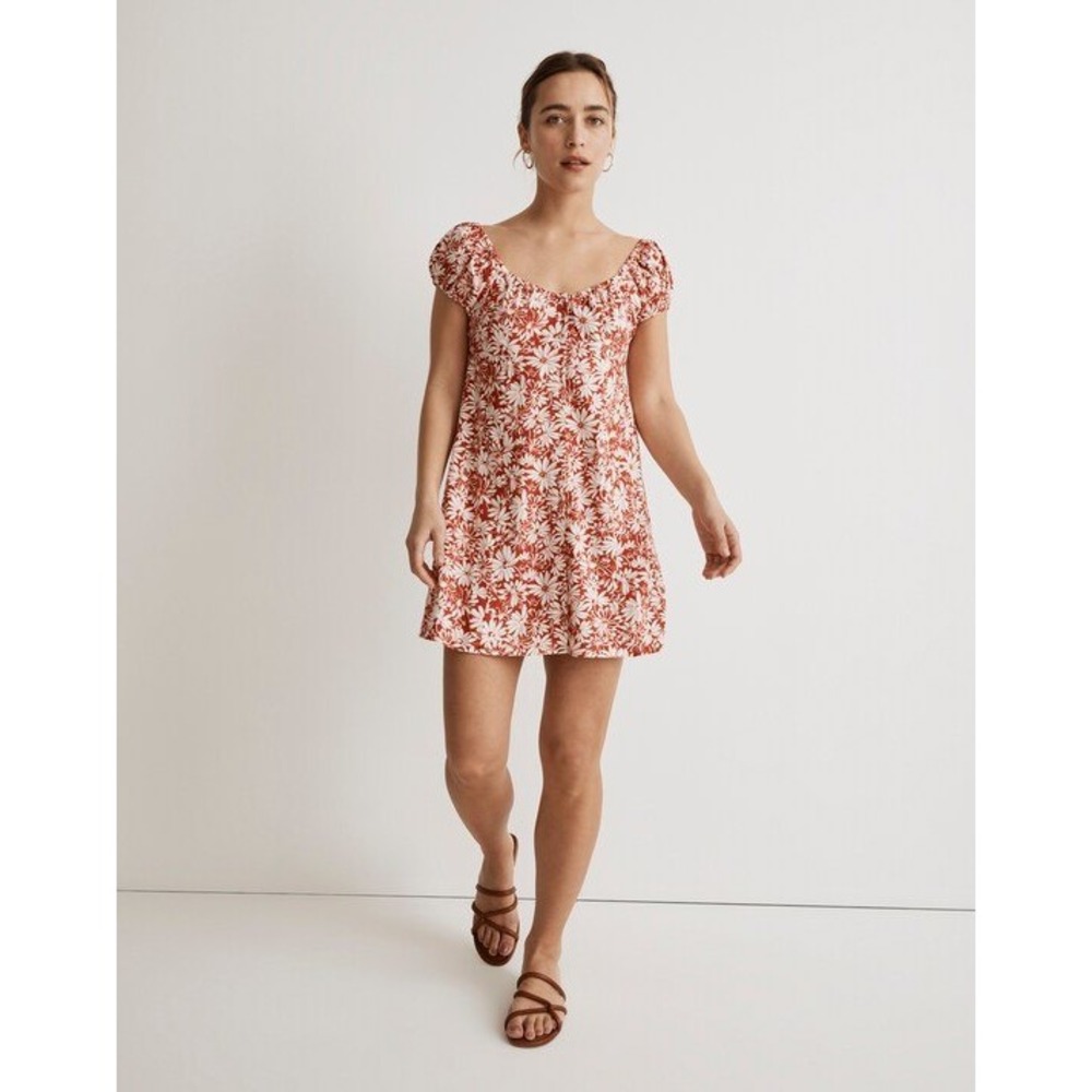 Madewell Womens Boho Indie Cottage Floral Linen Blend Mini Dress 22W Red White